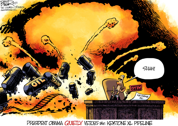 President Obama Quietly Vetoes Keystone XL Pipeline. Nate Beeler via PoliticalCartoons.com. Used with permission.