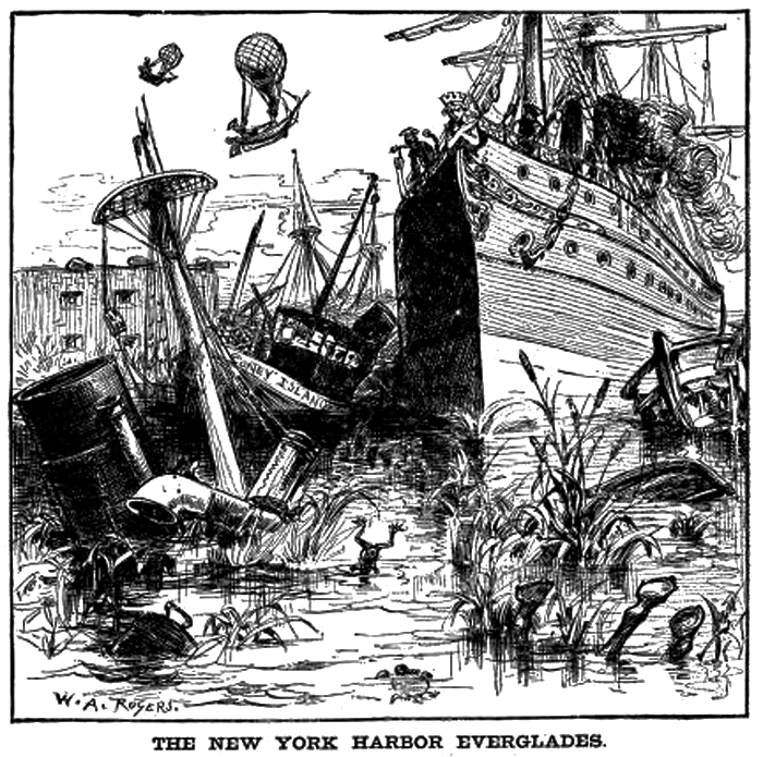 Cartoon accompanying Harper's Weekly article, "The Garbage Blockade," June 30, 1883.